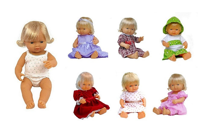 Our 15 inch Blonde doll shown in six different doll clothes outfits