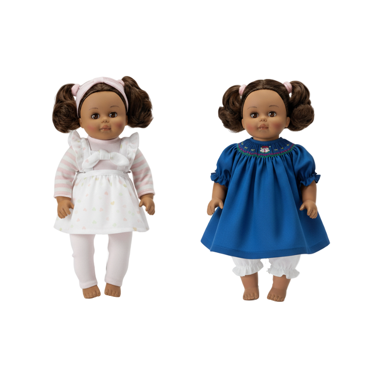 Madame Alexander multicultural doll side by side picture showing holiday dress and regular dress