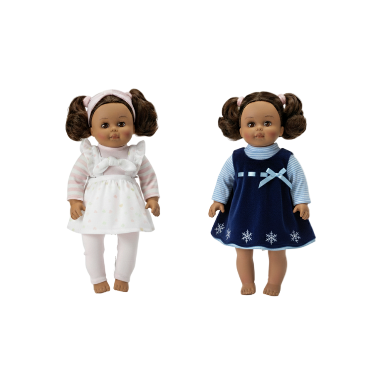 Madame Alexander My Little Girl Multicultural toddler doll in two different outfits shown side by side