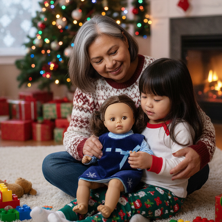 Woman and child playing with a doll in front of a Christmas tree and fireplace.