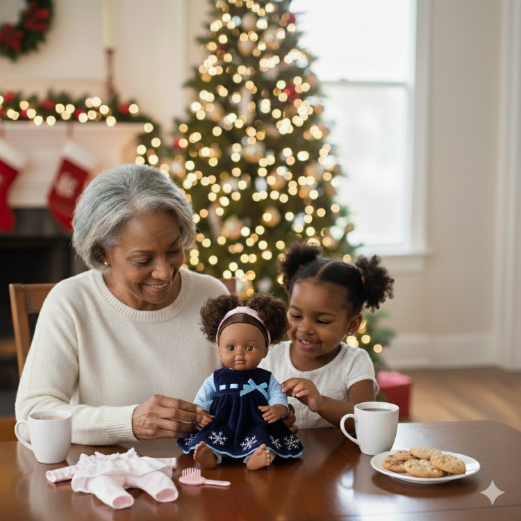 Grandmother and granddaughter playing with Madame Alexander Black Doll Christmas Gift