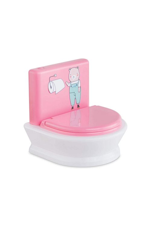 Pink and white interactive toy toilet for dolls with bear character graphic and toilet paper holder detail, lid closed