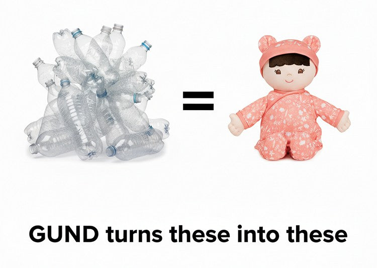 Hibiscus our Asian first doll and lovey and a picture of a pile of empty bottles with an equal sign between them