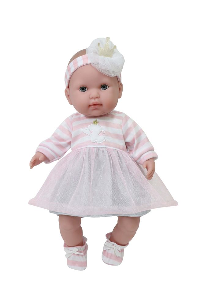 Here's a 14 inch doll dressed in our new pink striped and gray 15 inch doll's outfit