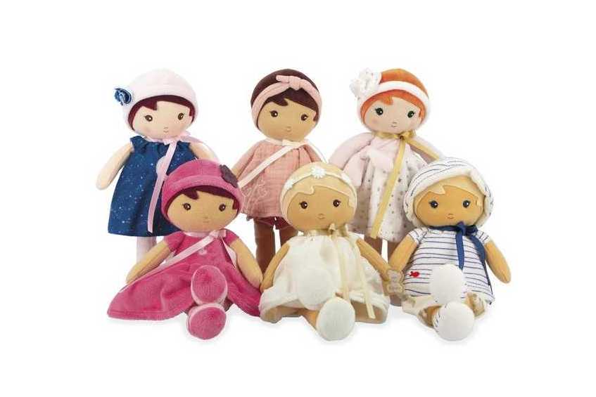 Showing six Kaloo dolls with different outfits on a white background
