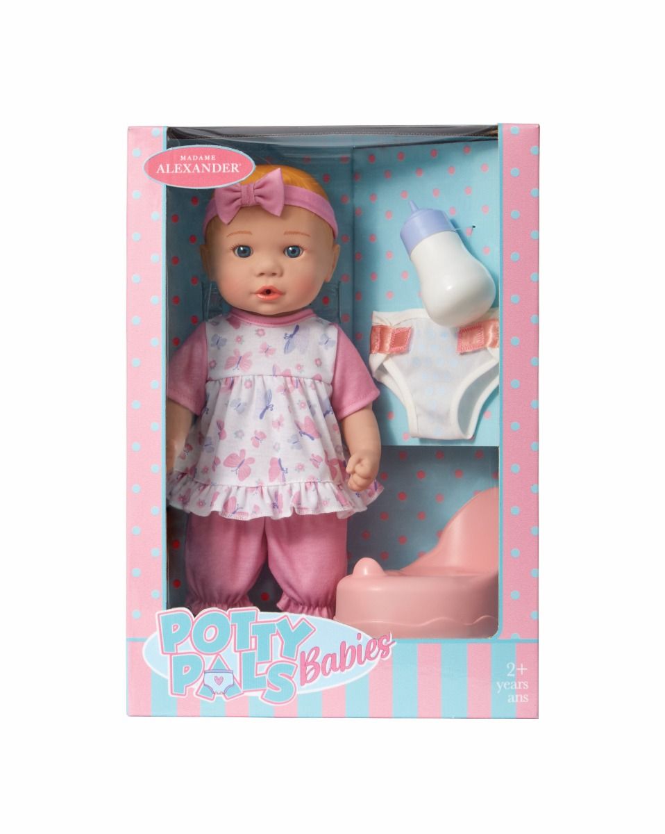 Madame Alexander's new girl's potty training doll packaging showing all four pieces