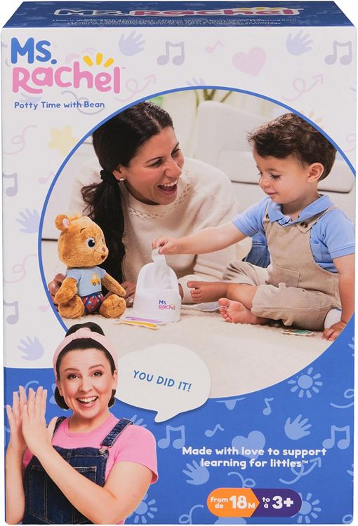 Product packaging for 'Potty Time with Bean' featuring a child, teddy bear, and woman with text on a blue background.