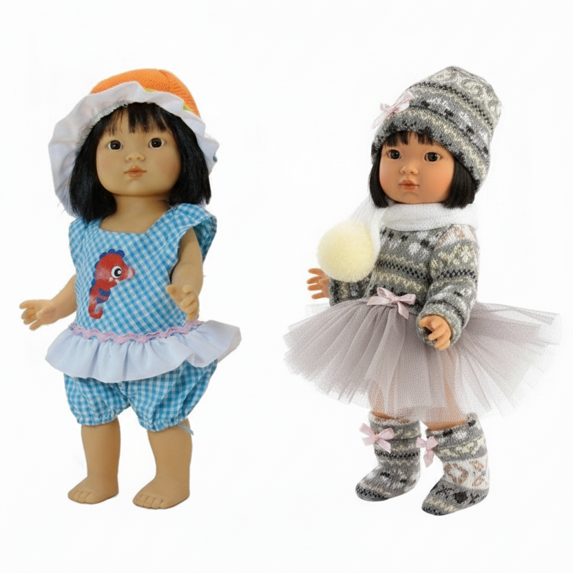 Two dolls dressed in winter and summer outfits on a white background