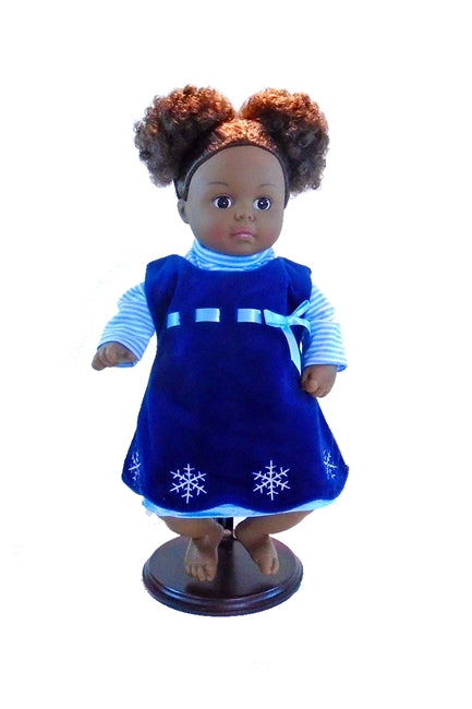 Black Mdame alexander doll with hair in blue velvet holiday dress