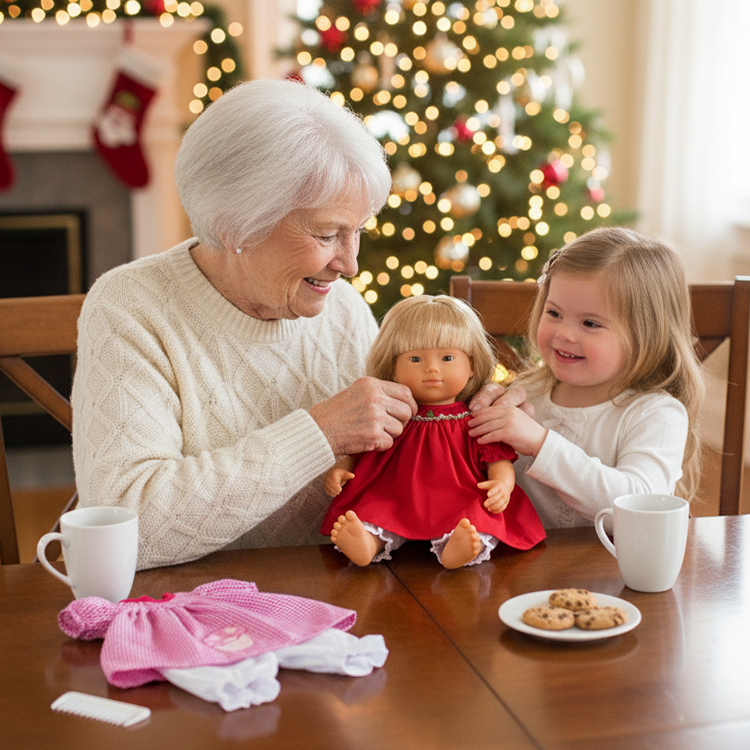 A child with Down Syndrome plays with a doll with down syndrome and her grandmother at Christmas