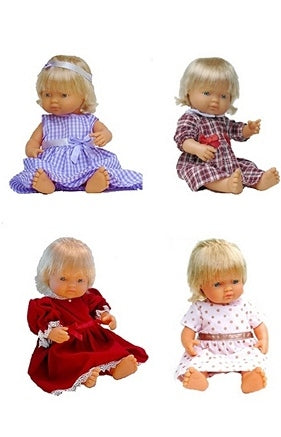 A picture of a doll and all her different doll clothes