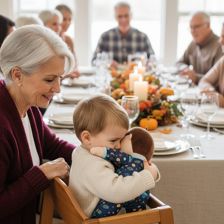 a young boy cuddling a Gavin doll, a baby boy's first doll while his grandmother looks on