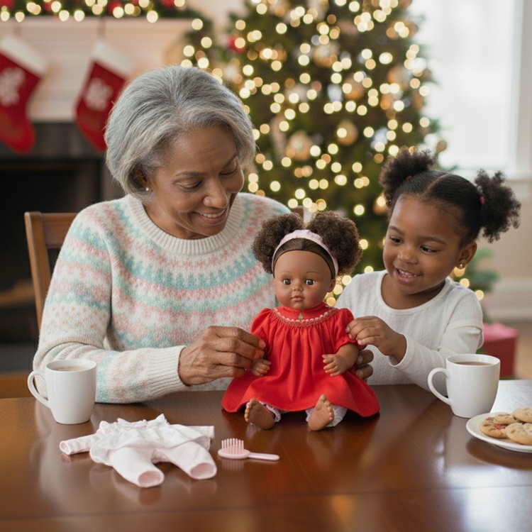 A Black Child playing with her new Christmas Doll with her Grandmother