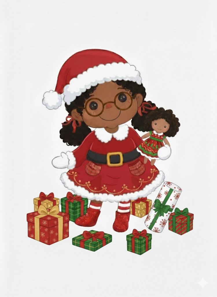 Cartoon drawing of Black Mrs Santa Clause with a doll