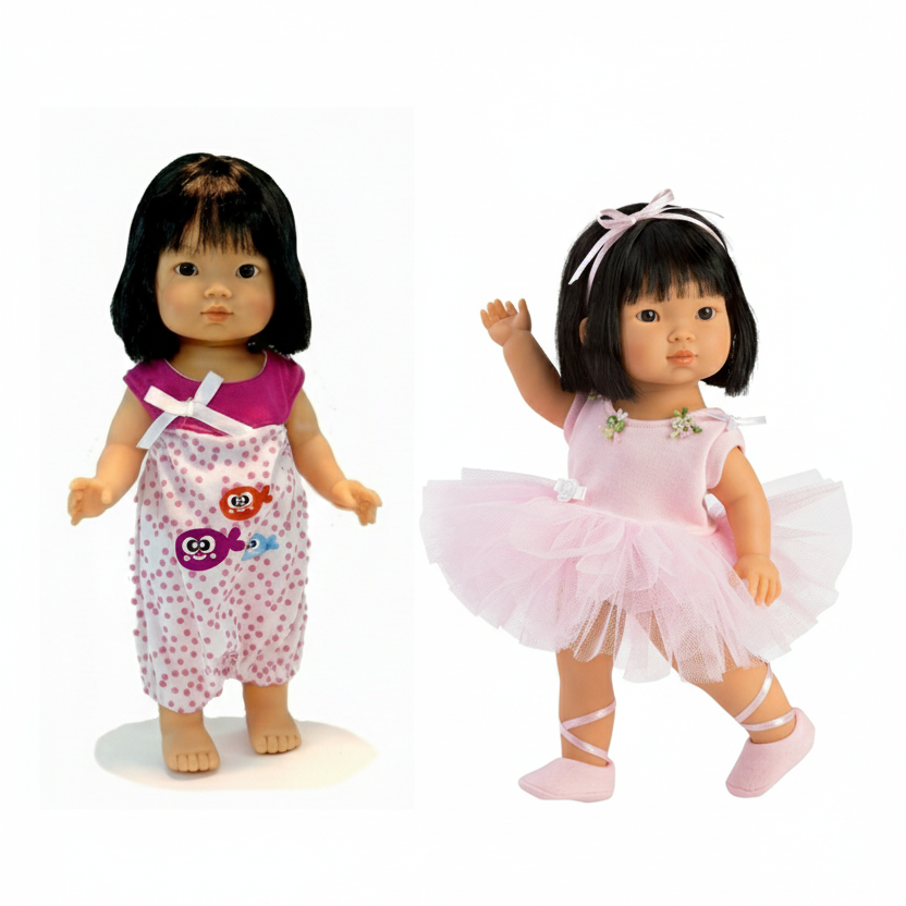 Two Asian dolls, one in a pink outfit with a white background, the other in a ballet outfit.