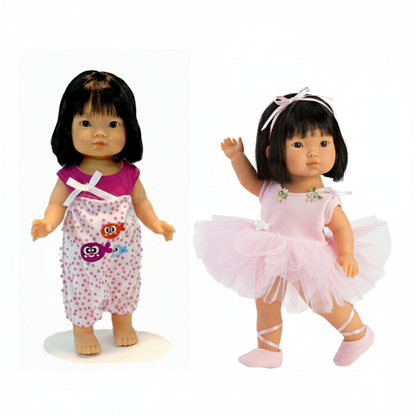 Two Asian dolls, one in a pink outfit with a white background, the other in a ballet outfit.