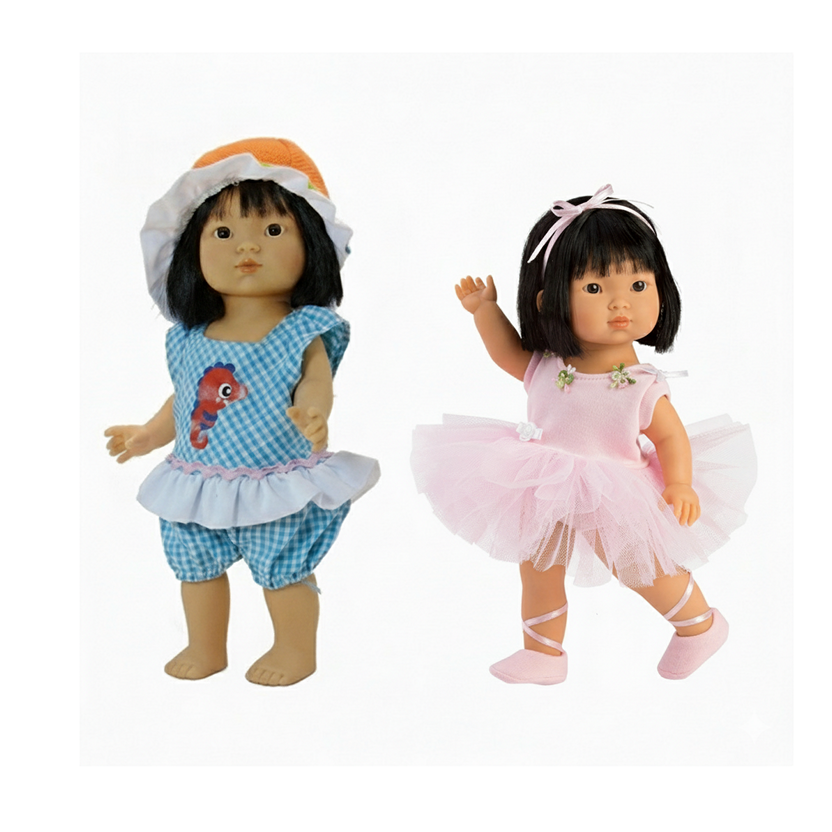 Two Asian dolls, one in a blue outfit with a seahorse design and the other in a pink ballet outfit, on a white background.
