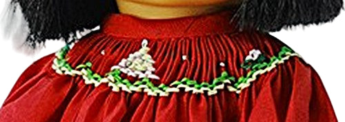 Red Dolls Dress with hand embroidered Christmas tree on smocked collar