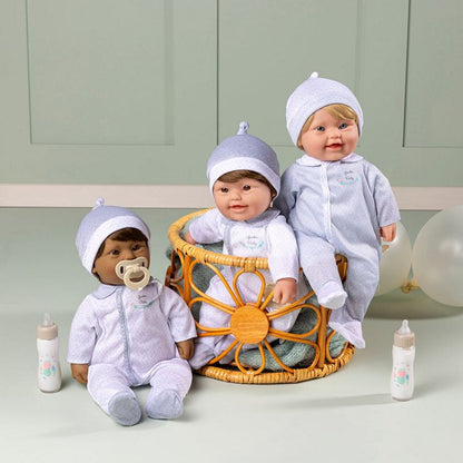 Three Down Syndrome Dolls. A Blonde Boy, a Brunet Boy and an Ethnic Boy