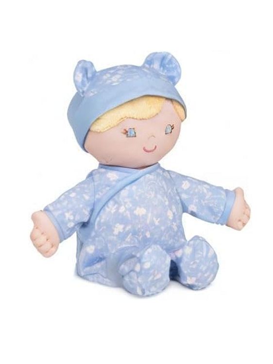 Plush baby doll in blue outfit with matching hat on a white background