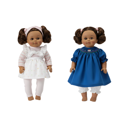 Madame Alexander multicultural doll side by side picture showing holiday dress and regular dress