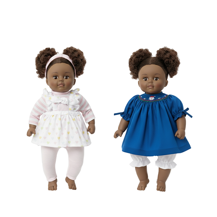 Madame Alexander Black Toddler Doll side by side one in Christmas Dress