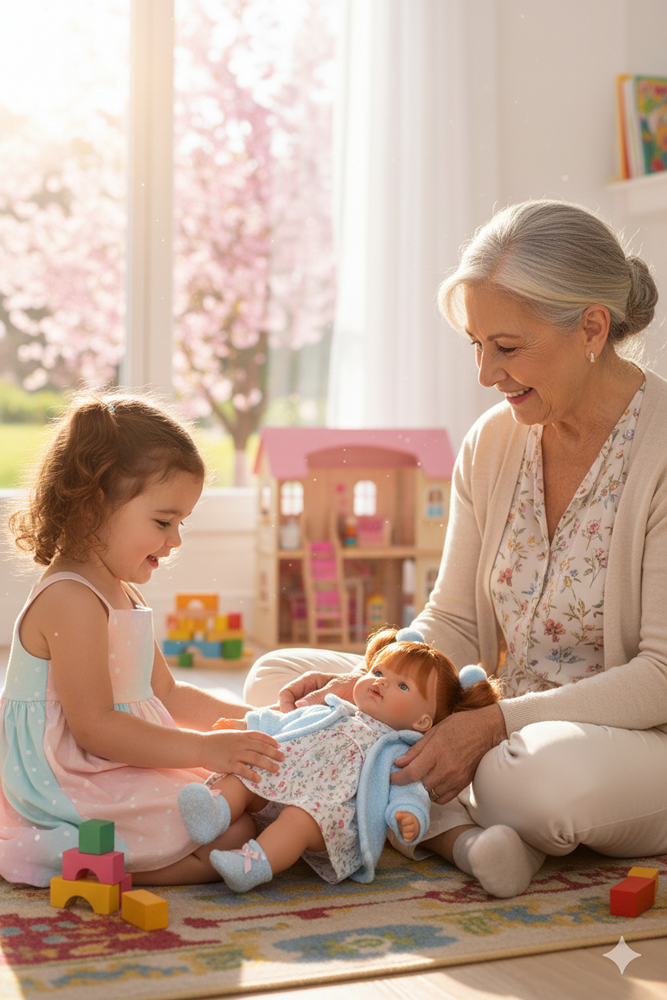 grandmoher and child playing with a redheaded Catherine doll by llorens