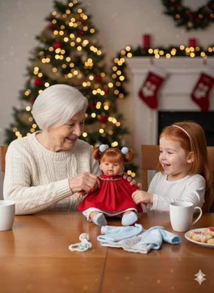 Grandmother and granddaughter playing with a doll in front of a Christmas tree.