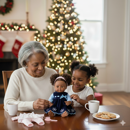 Grandmother and granddaughter playing with Madame Alexander Black Doll Christmas Gift