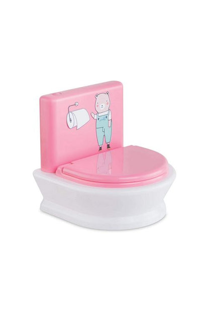 Pink and white interactive toy toilet for dolls with bear character graphic and toilet paper holder detail, lid closed