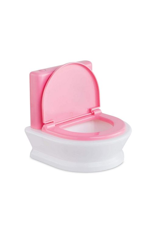 Pink and white interactive toy doll toilet with lid open showing seat and bowl interior for pretend potty training play