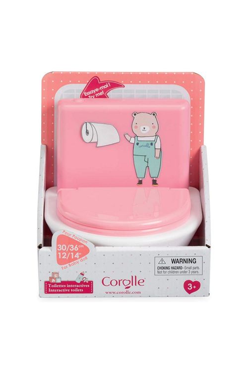 Corolle interactive toy toilet in retail packaging showing fits 12 and 14 inch dolls with choking hazard warning label ages 3 and up