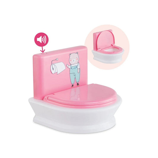 Interactive toy doll toilet with sound button highlighted showing flush and potty sounds feature with inset image of open lid