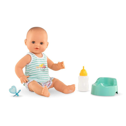 Corolle Baby Paul 14 inch boy potty training doll seated with drink bottle, teal potty chair, and blue pacifier accessories