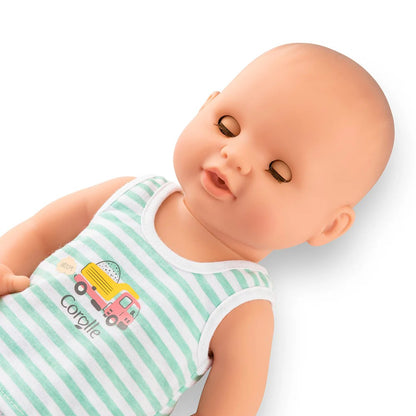 Corolle Baby Paul boy baby doll with sleeping closed eyes wearing green and white striped Corolle tank top