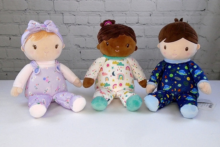 three douglas toy plush rag dolls and lovies, black, redhead and boy