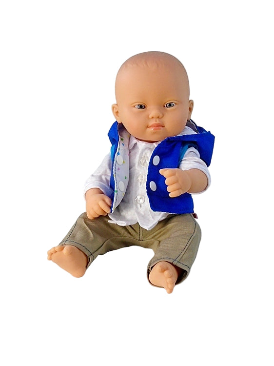 Down Syndrome Boy Baby doll wearing a blue vest and gray pants on a white background