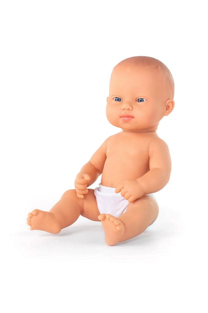 Down Syndrome Baby doll with a white diaper on a white background