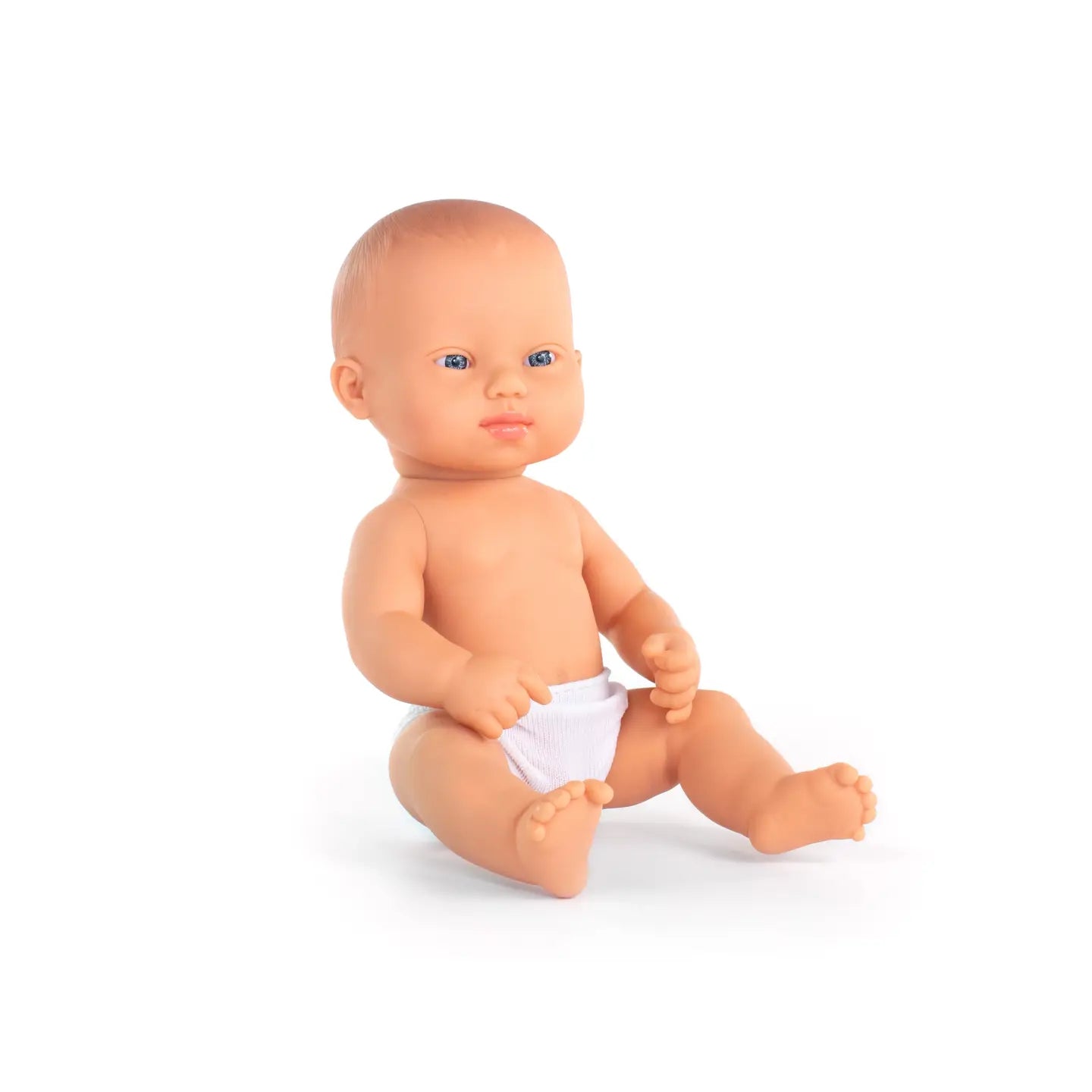 Down Syndrome Girl's Baby doll with a diaper on a white background