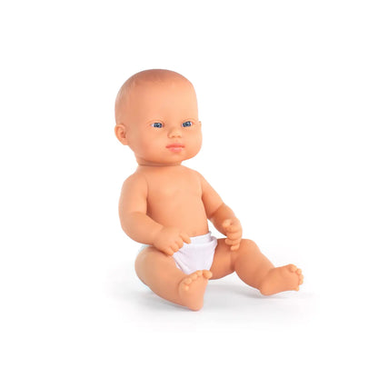 Down Syndrome Girl's Baby doll with a diaper on a white background
