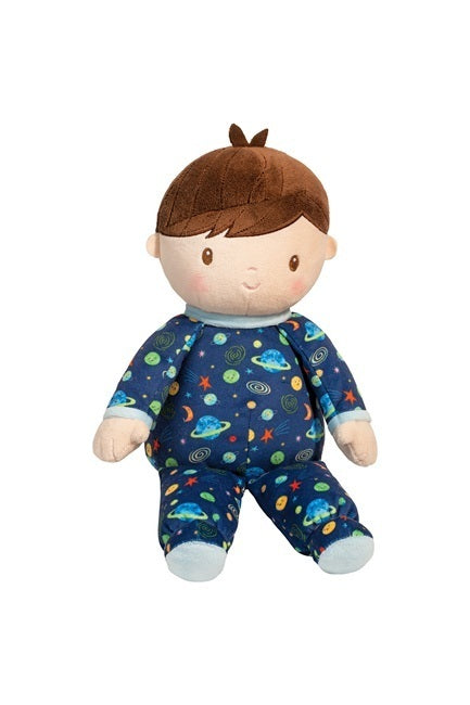 A Young boy's first rag doll and lovey wearing space themed pj's