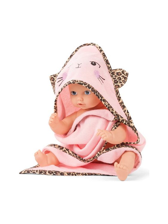 Potty Training Girls Baby doll wrapped in a pink hooded towel with leopard print trim on a white background