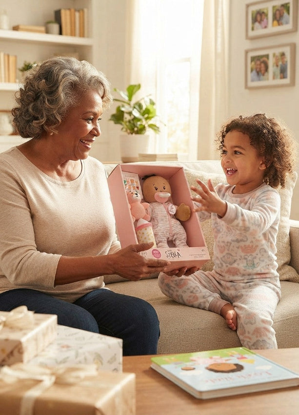 A grandmother gifting a wee baby stella biracial Hispanic multicultural doll t her smiling grand daughter