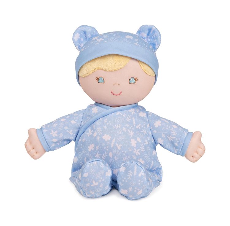 Plush baby doll in blue outfit with bear ears on a white background