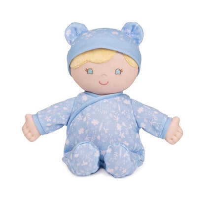 Plush baby doll in blue outfit with bear ears on a white background