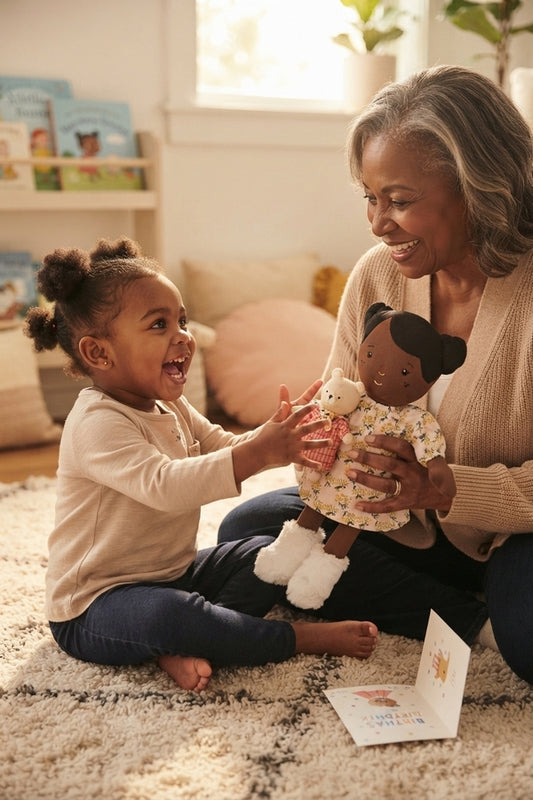 A Black grandmother is giving a three year old Black girl a Harped soft doll s a gift