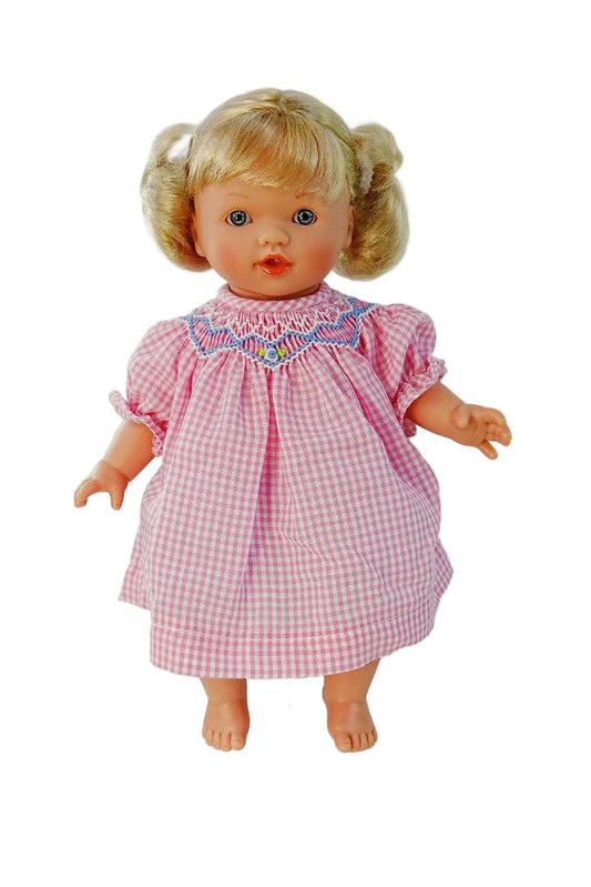 Small handmade Blonde blue eyed doll with a beautiful hand smocked pink gingham dress