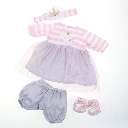4 piece 15 inch doll's outfit in pink and gray includes tull dress, slippers, headband and bloomers.
