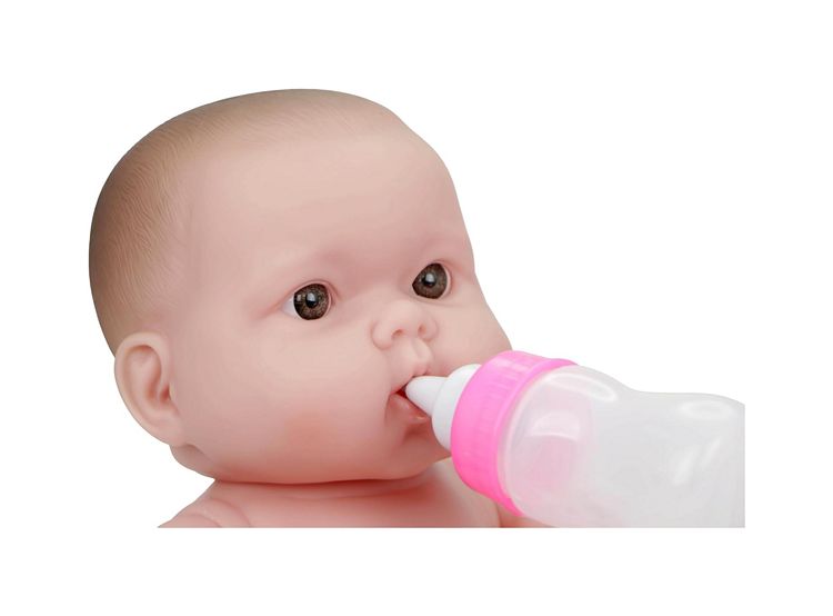 JC Toys Lots to Love 14 inch drink and wet baby doll close up drinking from pink bottle showing realistic facial detail and soft vinyl skin