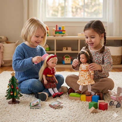 Two young girls playing with Lorelei blonde doll and Lourdes brunette doll on living room floor with Christmas tree and wooden blocks
